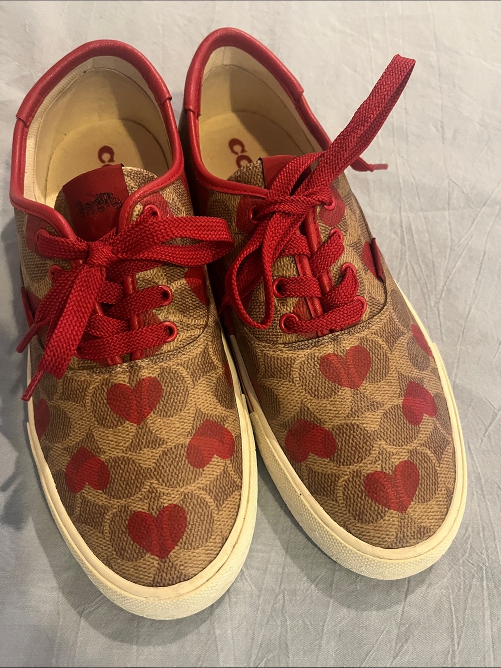 Coach Kids Brown Signature Canvas Sneakers with Red Heart Accents